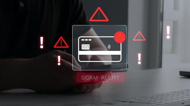 Financial scam concept showing bank card fraud,mobile phone phishing and online payment risk. Security alert, data protection and identity theft warning in digital banking.