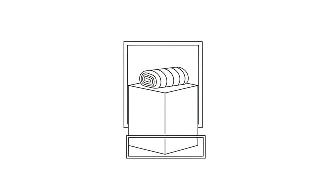 Rolled Blanket on Cube Inside Frame, Minimalist Line Art Illustration