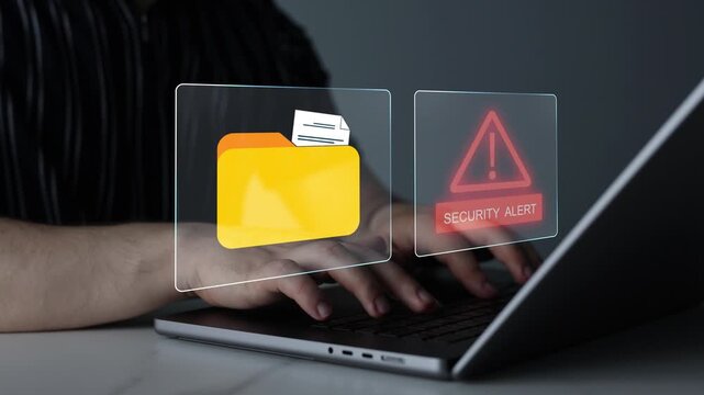 Cyber security alert showing hacked files, folders and documents, system warning and spam threats. Digital data breach concept for online protection and recovery, safety.