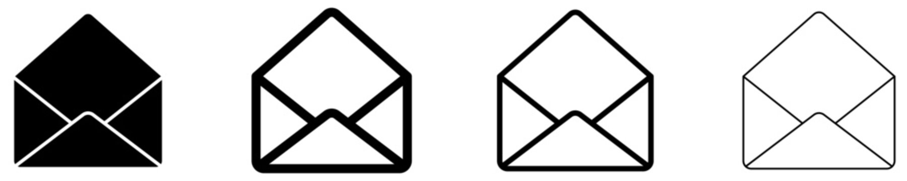 Set of open empty envelope icons with different line weights and filled silhouette version. Vector illustration.