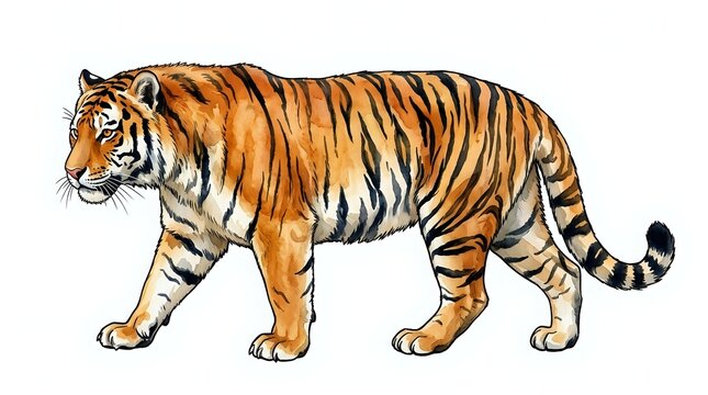 Tiger walking in profile with orange and black stripes, isolated on white background, suitable for wildlife education, design projects, and print materials.