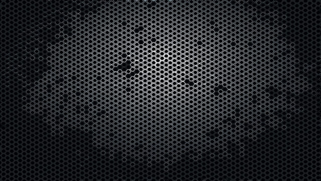 Hexagonal perforated metal sheet with a dark gray gradient and subtle facial outline