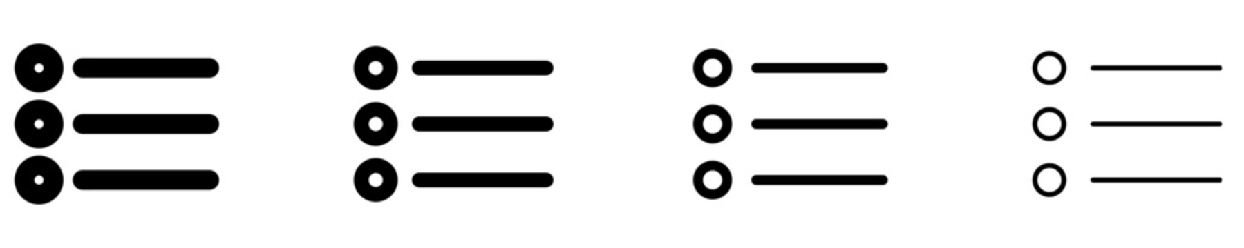 Set of list or menu icons, symbols for navigation, data structuring, itemization, and content organization. Vector illustration