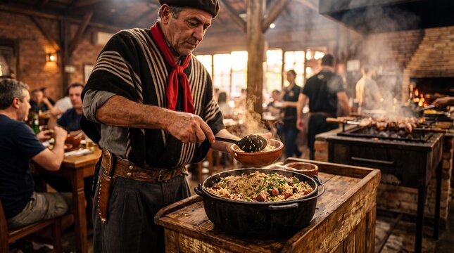 Traditional Gaucho Chef Serving Rice and Meat in a Rustic South American Restaurant