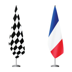 Naklejka premium Checkered and France flags on flagpoles for official ceremonies and meetings, transparent background vector