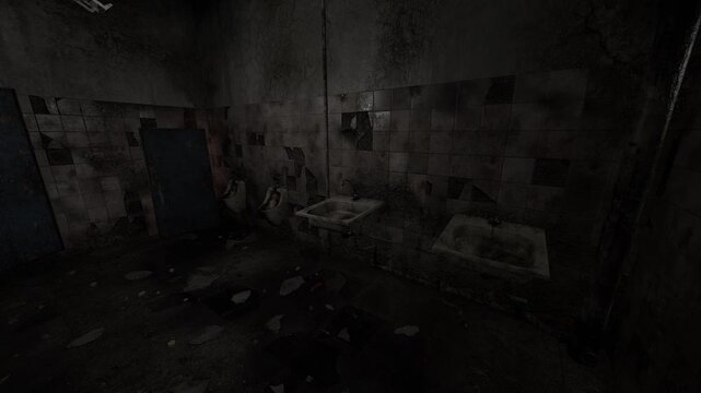 An abandoned restroom features broken sinks and peeling walls. The dim lighting adds to the unsettling atmosphere, highlighting the neglect in this forgotten space.
