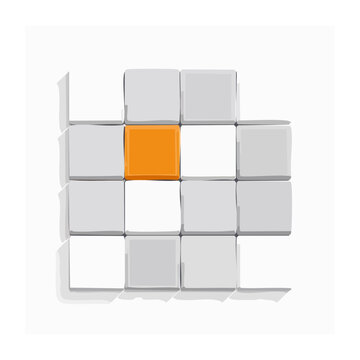 Orange Cube in Gray Grid of 3D Blocks