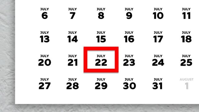 Red cursor highlighting July 22nd on a 2026 wall calendar page