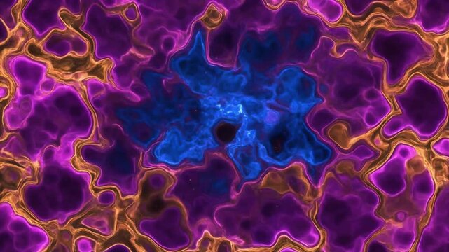 Abstract blue magenta and copper liquid flame background with glowing fluid motion seamless loop