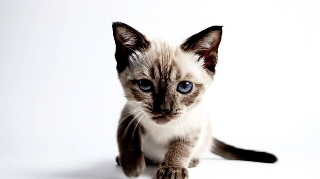 Adorable Siamese kitten tilting head, meowing and walking towards the camera on white background