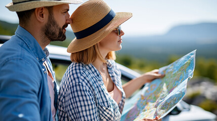 Fototapeta premium Anonymous traveler couple using a map near their car over a beautiful landscape on a road trip, navigation and travel adventure concept, faceless, defocused, with copy space