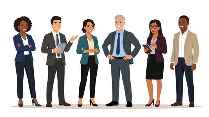 Obraz premium Group of business people standing in an office, businesspeople in suits showing teamwork, leadership, success, and smiling professional men and women