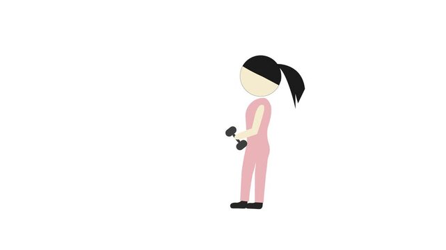 Animated cartoon illustration of a woman lifting weights and then lowering them. Cartoon concept about exercise.