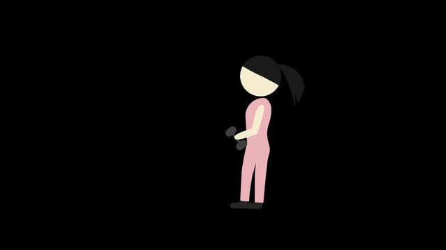 Animated cartoon illustration of a woman lifting weights and then lowering them. Cartoon concept about exercise.