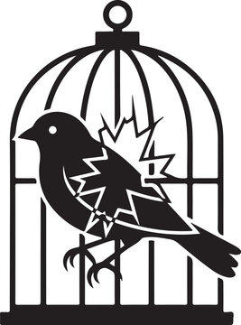 Black silhouette of a broken bird inside a metal cage icon graphic