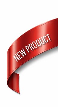 Shimmering Red Ribbon Declares: "New Product" - Exciting Reveal, Clean Design