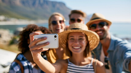 Fototapeta premium Anonymous friends taking a phone selfie on a road trip or nature safari in Africa, mobile photography and summer vacation adventure concept, faceless, defocused, with copy space