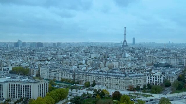 Aerial View of Paris Cityscape on a Cloudy Day