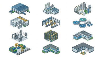 Fototapeta premium Isometric illustrations of various industrial facilities.