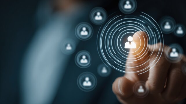 Business professionals use artificial intelligence and data analytics to target their audiences across multiple digital screens. This relates to CRM systems and enterprise environment concepts.