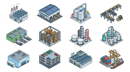 Fototapeta premium Isometric industrial buildings and factories set.