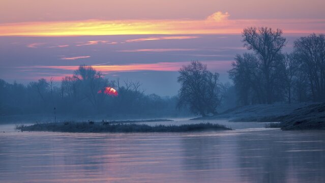 Sunrise on the Middle Elbe, winter landscape in frost, river landscape, fog, reflection of the sun, landscape shot, wonderful atmosphere, Garden Kingdom of Dessau-W&ouml;rlitz, Middle Elbe Biosphere Reserve, UNESCO World Heritage Site, Saxony-Anhalt