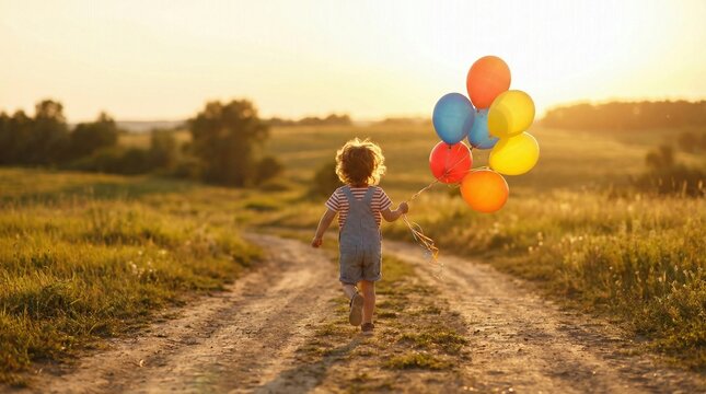 Little child walking on a countryside path holding colorful balloons at sunset, symbolizing freedom, innocence and joyful childhood adventure.