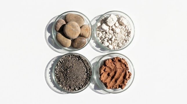 Different terroir soil types in petri dishes flat lay