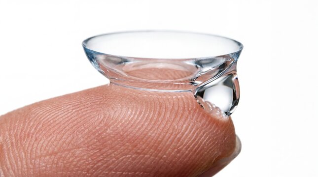 Contact lens with saline drop on fingertip isolated on white