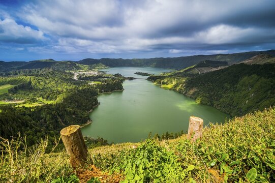 Overlook over the Sete Cidades crater, Island of Sao Miguel, Azores, Portugal