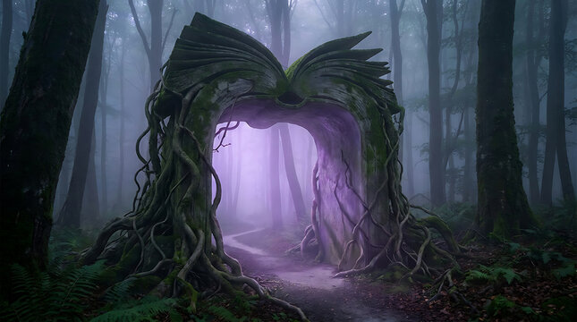 Fantasy portal shaped like open ancient book made of stone covered in moss in dark forest.