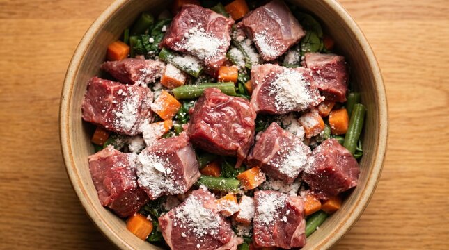 Raw beef and vegetable BARF diet bowl for dogs