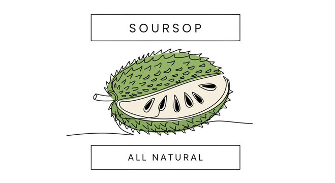 Hand-drawn illustration of a soursop fruit, cut in half, with text "Soursop" and "All Natural".