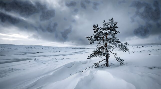 Dramatic winter landscape with lone pine tree in snow, moody arctic wilderness under stormy grey clouds, desolate frozen tundra scenery