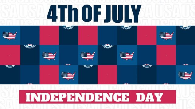 4K 4th of July Independence Day looping background featuring a red and blue checkerboard pattern filled with eagle badges, uncle sam hats, US maps, and 250th anniversary typography.