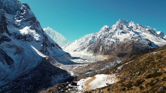 Aerial View of Glacier and Snow Covered Peaks Between Samdo and Dharamsala on Manaslu Circuit Trek, Nepal