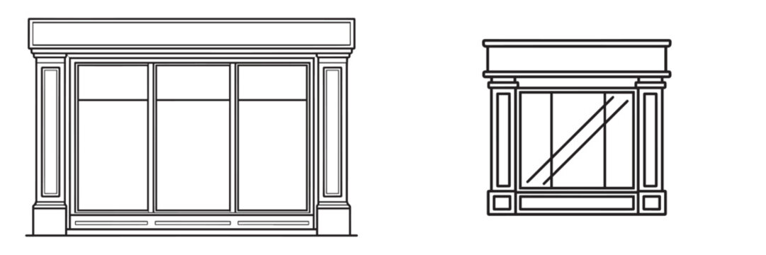 Vector line art of storefront facades with classic architectural window frames and shop displays
