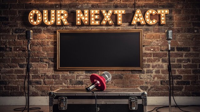 Marquee light-up letters spelling 'OUR NEXT ACT' on a rustic brick wall, with a blank chalkboard, vintage microphones, and a road case, ideal for a pregnancy announcement or new venture concept.