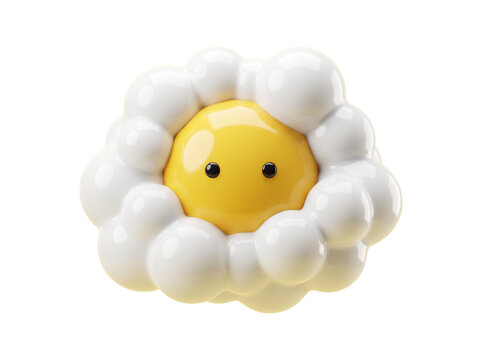 3D Cartoon Fried Egg Character with White Fluffy Clouds