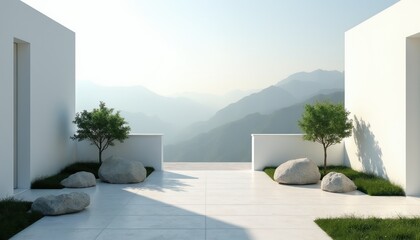 Obraz premium Minimalist patio with white walls, green trees, rocks, and misty mountains. This tranquil space offers a calm outdoor setting for relaxation and contemplation. Perfect for wellness and design themes.