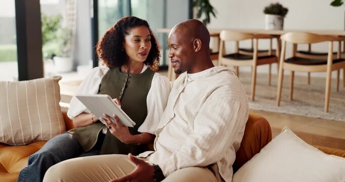 Discussion, tablet or couple in house with plan, trip option or holiday selection on travel app. Happy, tech or African people with connection, vacation itinerary or resort decision on booking site.