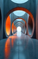 Fototapeta premium Concrete corridor with circular openings. Bright orange light shines through gaps, reflecting on polished floor. Architectural perspective creates sense of depth and motion.
