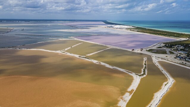 Aerial of the colourful salinas of Las Coloradas, Yucatan, Mexico