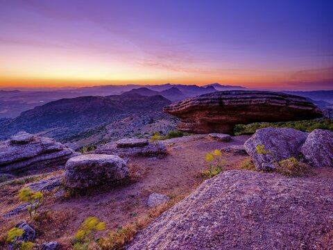 Sombrerillo limestone rock formations at dawn, El Torcal nature reserve, Torcal de Antequera, Malaga province, Andalucia, Spain