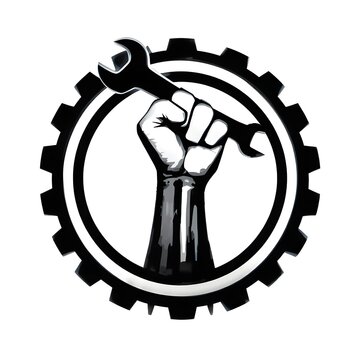 Fist holding wrench in gear adobe stock symbol for workers and industry