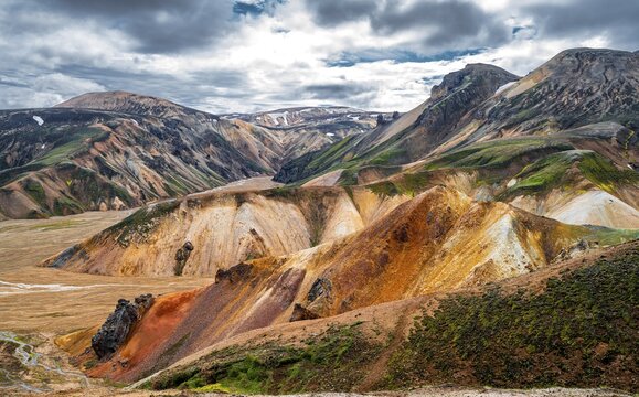 Landscape panorama, Dramatic volcanic landscape, Colourful erosion landscape with mountains, Lava field, Landmannalaugar, Fjallabak nature reserve, Su&eth;urland, Iceland
