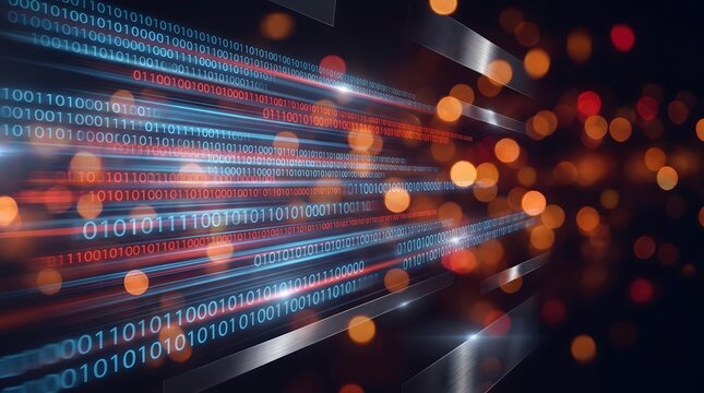 Digital Data Flow with Binary Code Streams and Abstract Bokeh Lights for Technology and Cybersecurity Concepts