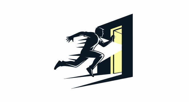 Silhouette of a person running through a brightly lit doorway
