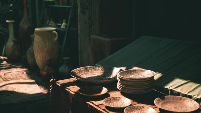 Vintage pottery and decorative plates are showcased on a sturdy wooden table in a bustling marketplace. The warm sunlight illuminates the intricate designs and textures.