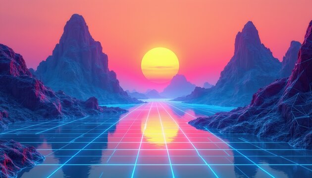 Digital landscape with grid lines on water between mountains at sunset. Retro synthwave aesthetic with neon glow. Abstract geometric mountains and ocean.